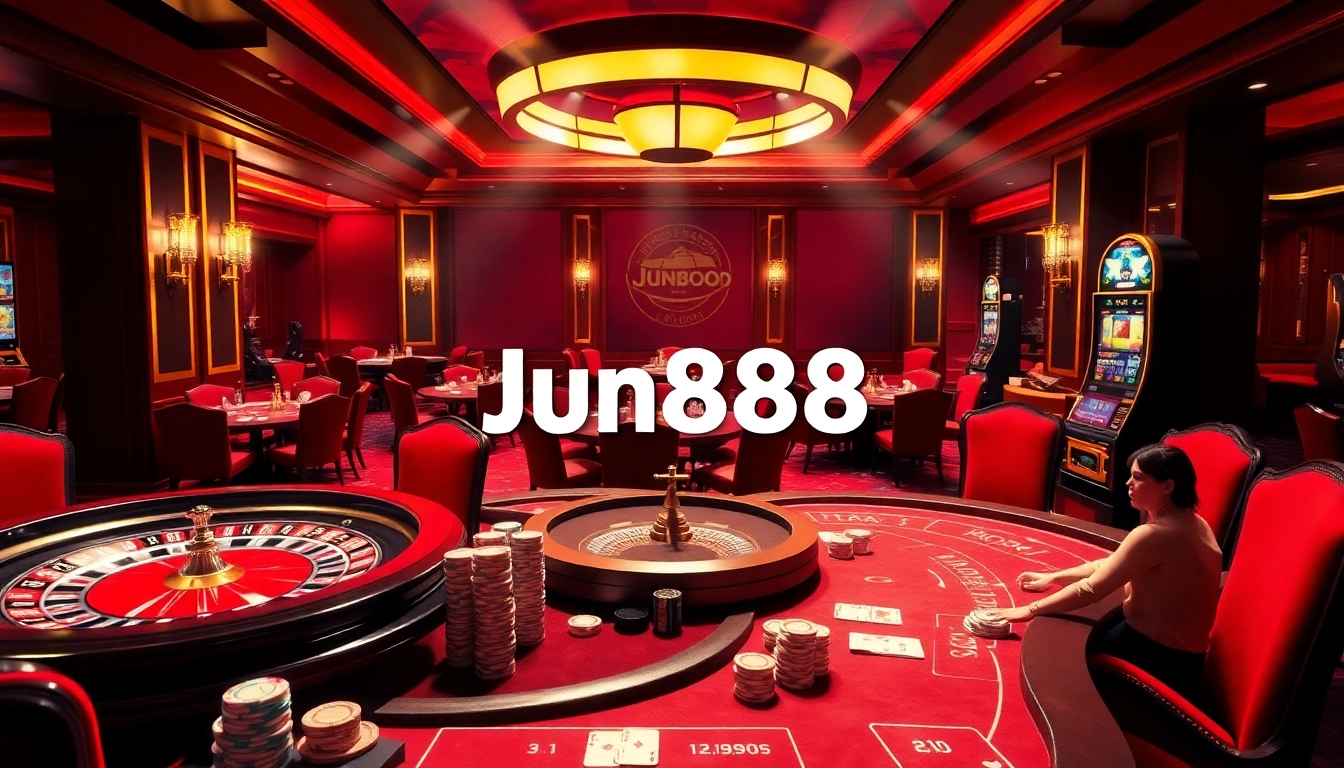 Experience the vibrant excitement of Jun888 through a luxurious casino scene with active gaming tables and stunning visuals.