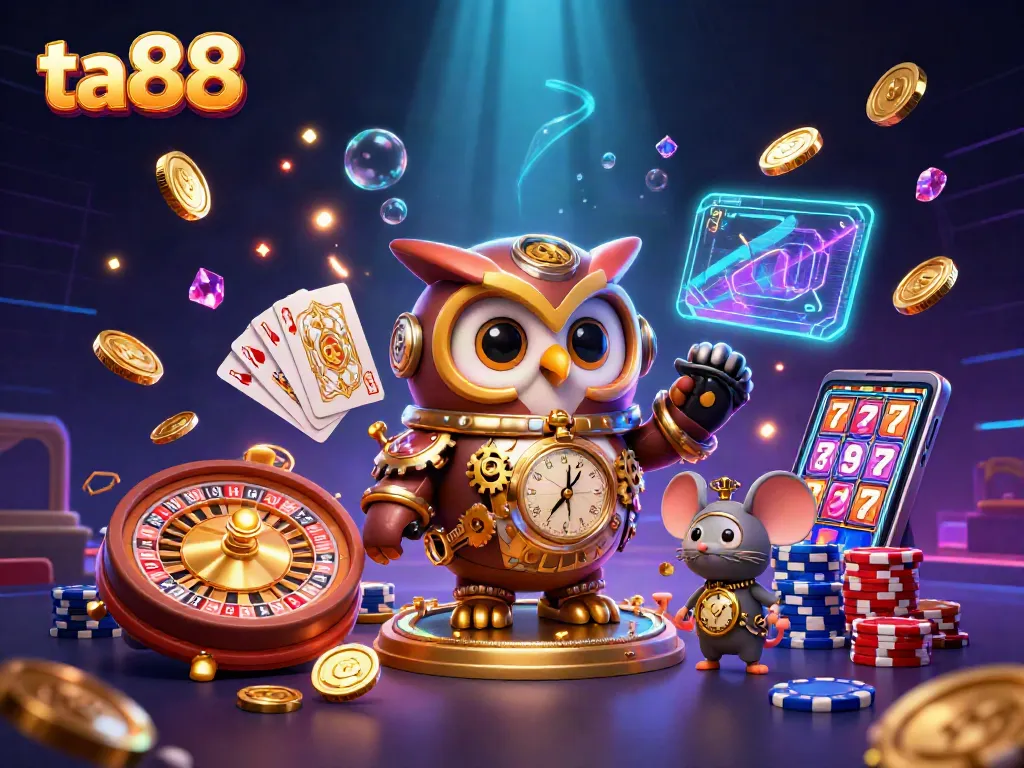 Engage with ta88 casino gaming as the time-traveler owl spins the roulette wheel amid vibrant casino elements.