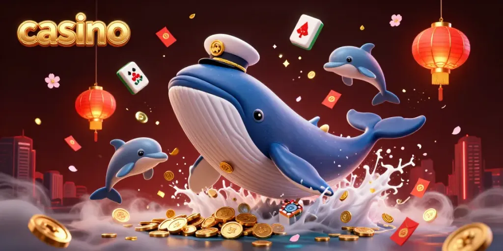 Experience dynamic casino fun with a playful whale, dolphins, and vibrant gaming elements.