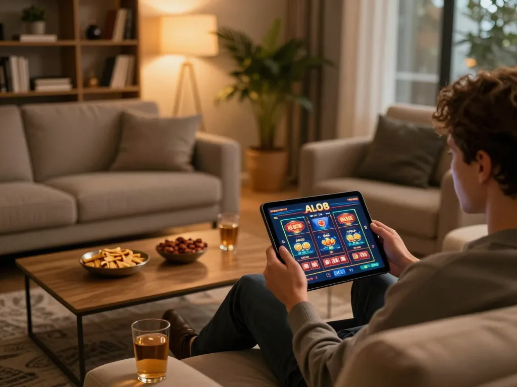 Person using ALO8 tablet in cozy living room for online casino gaming with snacks.