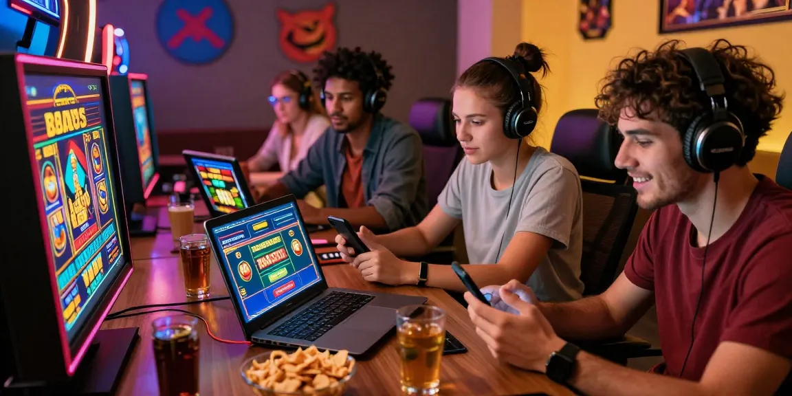 Friends enjoying gameplay at credit card casinos with vibrant graphics and snacks, highlighting a fun gaming session.