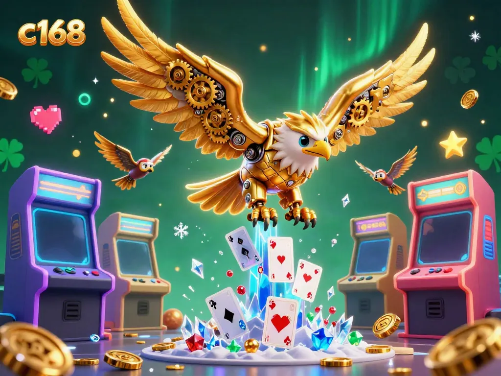 C168 gaming action featuring a flying cybernetic eagle amidst colorful 3D arcade machines and casino elements.