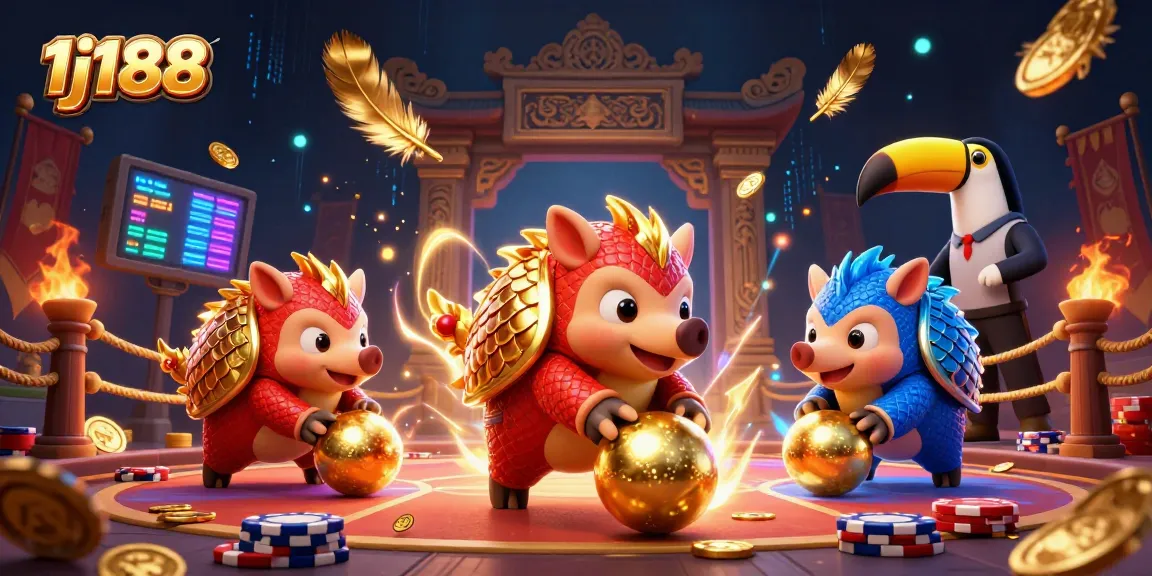 Engage with thrilling games at 1j188 as rival pangolins roll into golden balls amidst vibrant confetti.