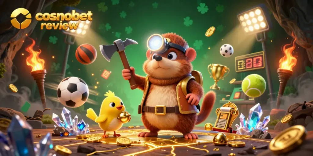 Engage with cosmobet review showcasing the cartoon mole in a treasure-filled cave amid animated sports elements.