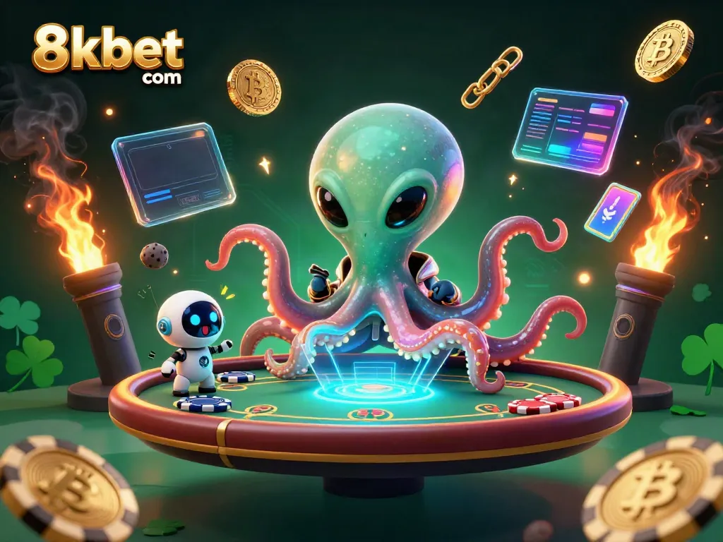 Experience thrilling poker gameplay in a vibrant illustration featuring 8xbet com, with alien characters and crypto elements.