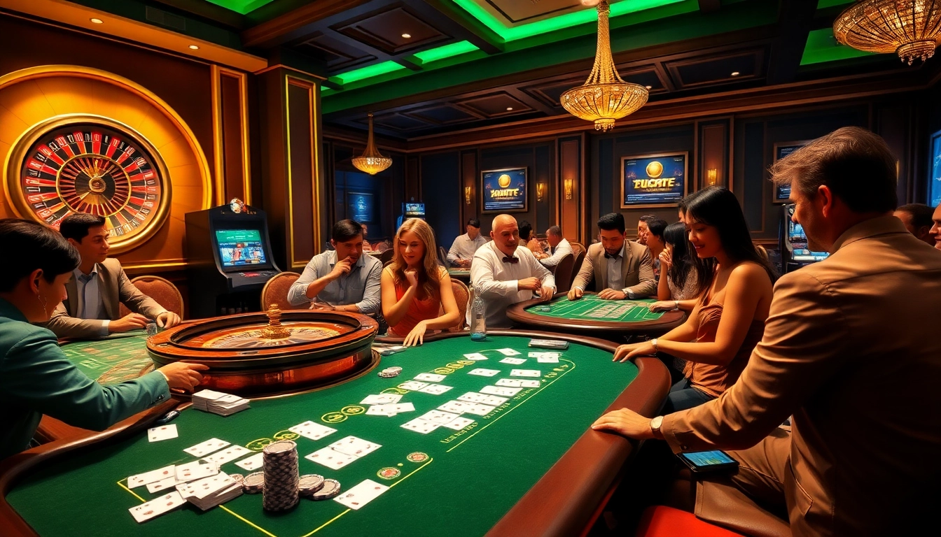 SCLUB88 COM players enjoying a luxurious gambling experience at casino tables with vibrant games.