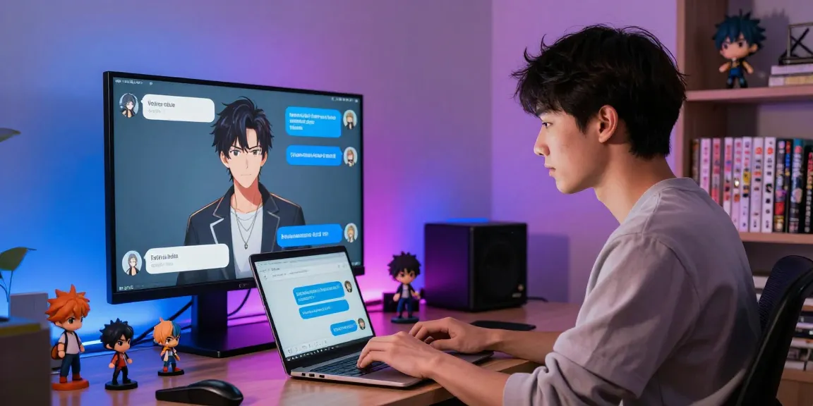 Engaging scene of a user chatting with an AI avatar in a vibrant anime-themed workspace, emphasizing ai chat hentai interaction.