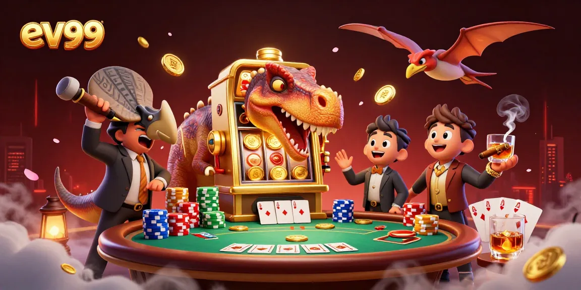 ev99 brings excitement as a pachycephalosaurus triggers a slot machine jackpot amid a vibrant casino.