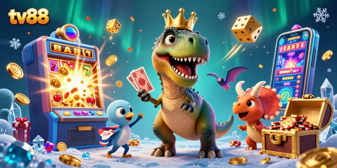 Experience strategic gaming at tv88 with animated characters enjoying slot machine jackpots.
