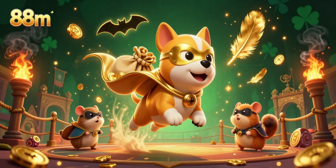 Experience thrilling wins at 88m casino with superhero dog and hamster amidst exciting gambling action.