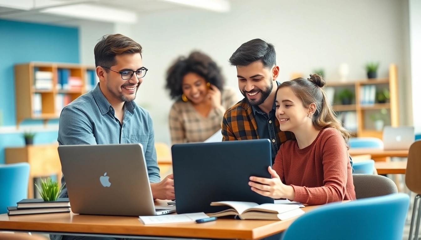 Student receiving online exams help from a professional tutor in a vibrant classroom.