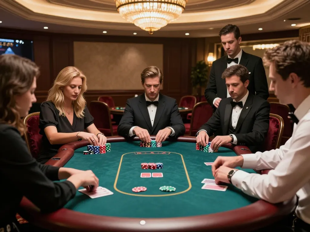 Players strategizing at a GO8 poker table amid a luxurious casino environment promoting excitement.