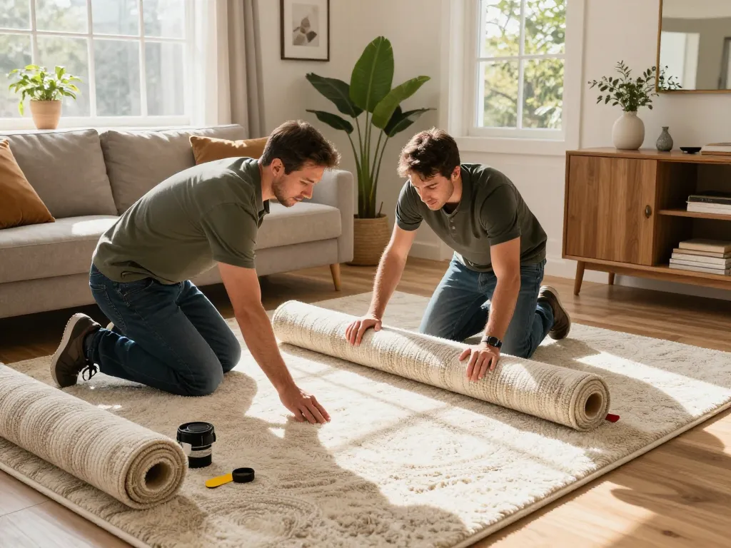 Expert carpet fitting services West London in a cozy living room with a skilled fitter at work.
