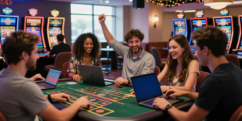 A group enjoying engaging online gambling at a non GamStop casino with vibrant lights and festive decorations.