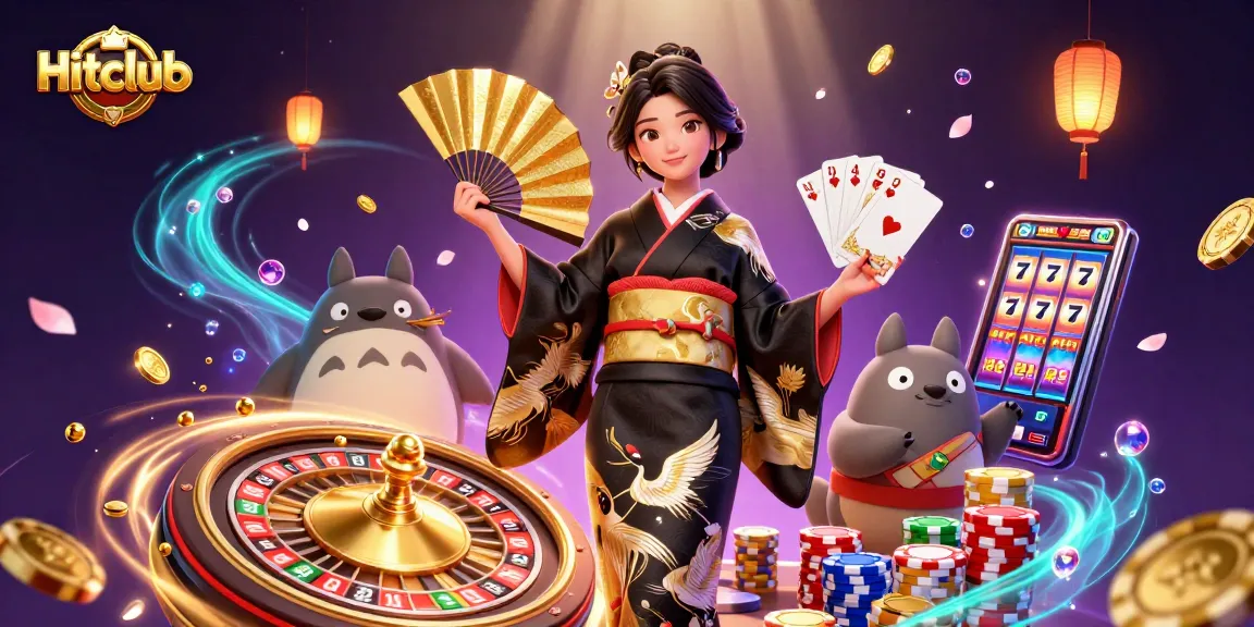 Engage with Hitclub's enchanting 3D scene featuring a stylish Asian woman in a dynamic casino environment.