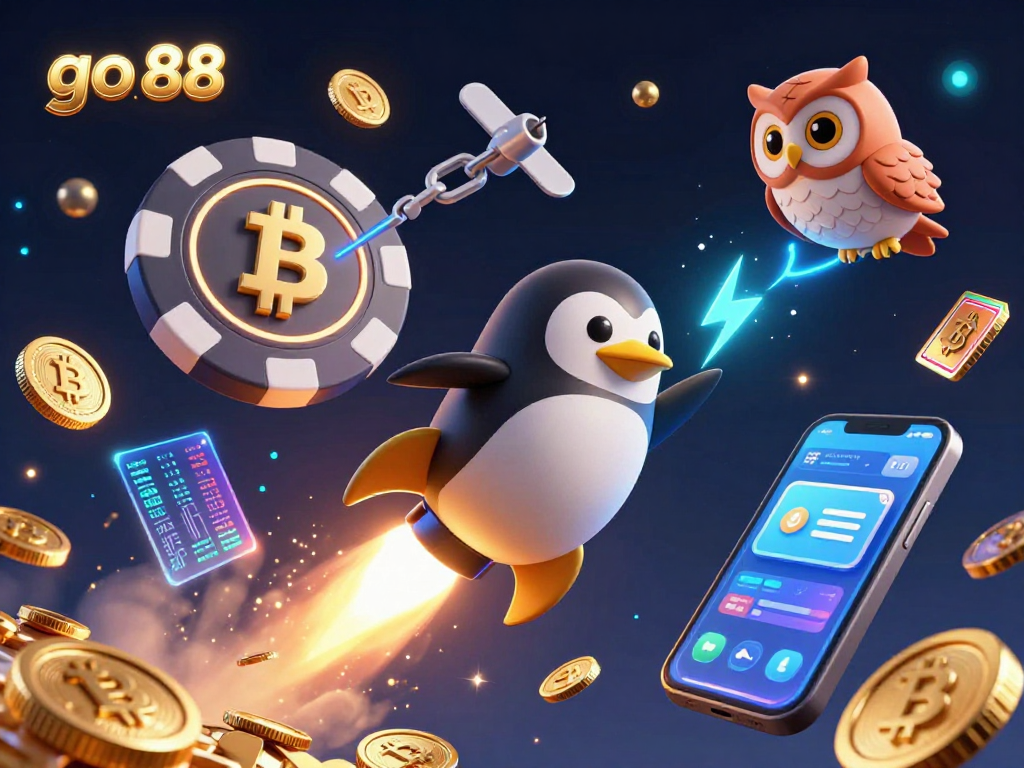 Experience the thrill of go 88 with a golden penguin soaring towards a vibrant casino space station.