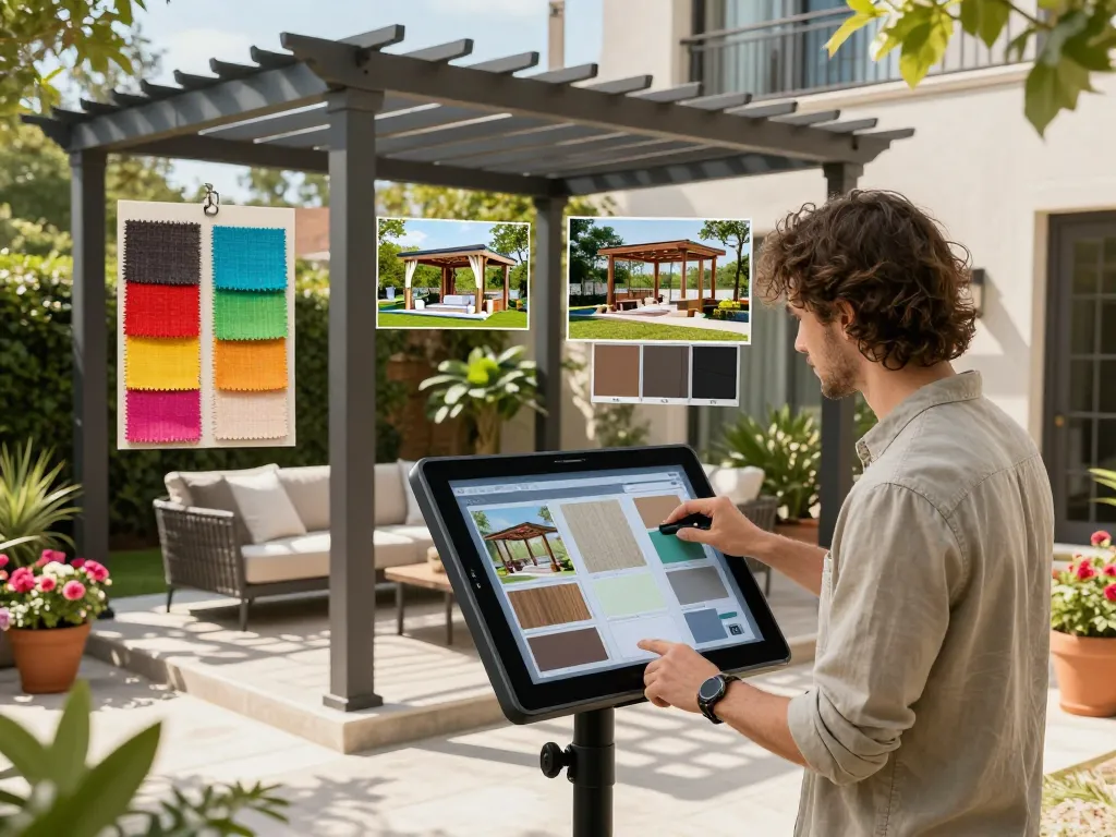 Interactive pergola configurator session with designer selecting materials and styles for custom outdoor living space.