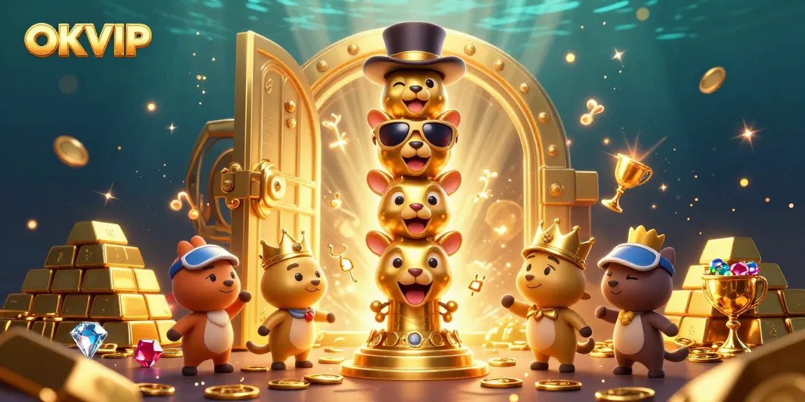 Engage with the vibrant world of OKVIP, featuring a cartoon golden totem surrounded by treasures and casino excitement.