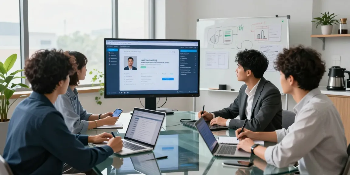Team discussing call recording solutions in a modern office environment.