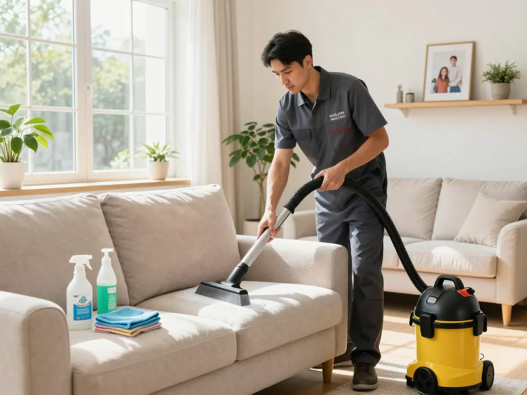 DIY vs professional cleaning blogs comparison in a bright living room with a professional cleaner steam cleaning a sofa.