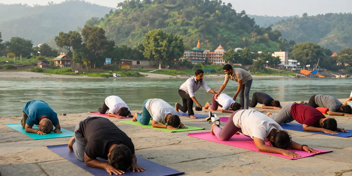 Yoga teacher training course in India with students practicing by the Ganges River in Rishikesh, creating a serene and immersive learning environment.