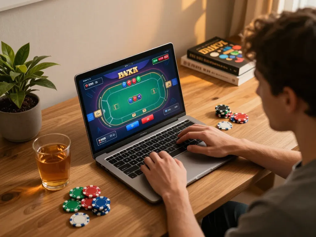 8XBET player engaging in online gambling with vibrant poker game on laptop.
