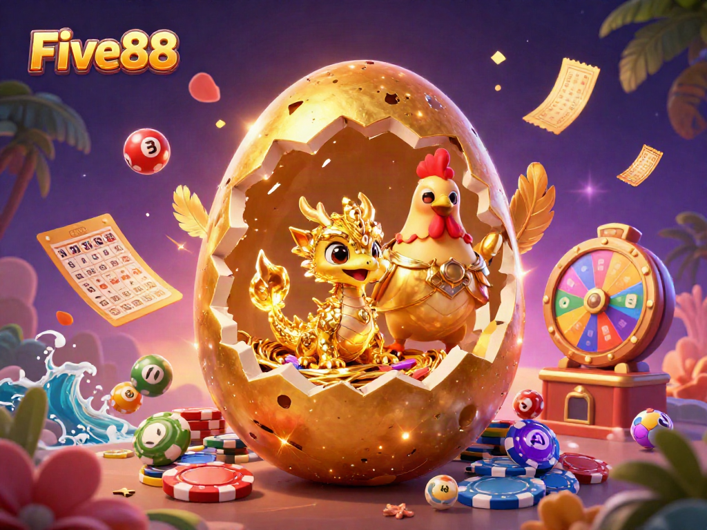 Experience the excitement of Five88 with a golden dragon on poker chips amidst dynamic gambling elements.