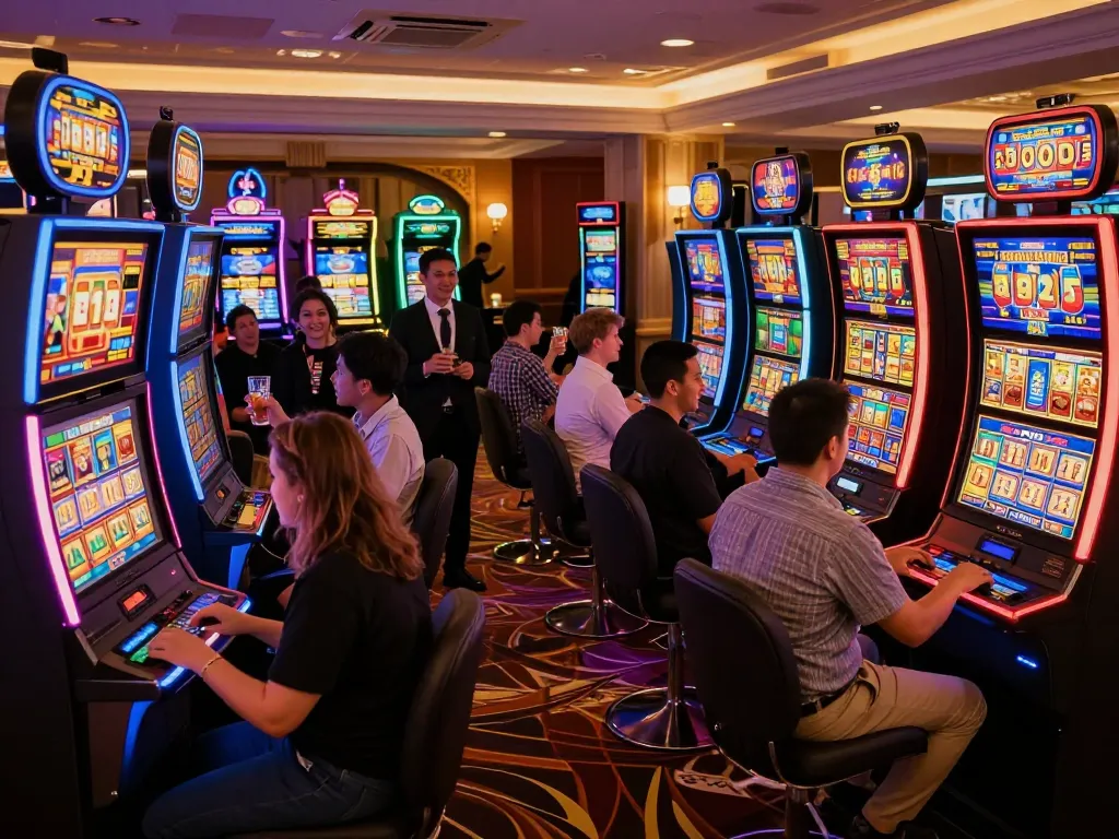 Experience the excitement of nohu slot games with vibrant machines and players celebrating wins.