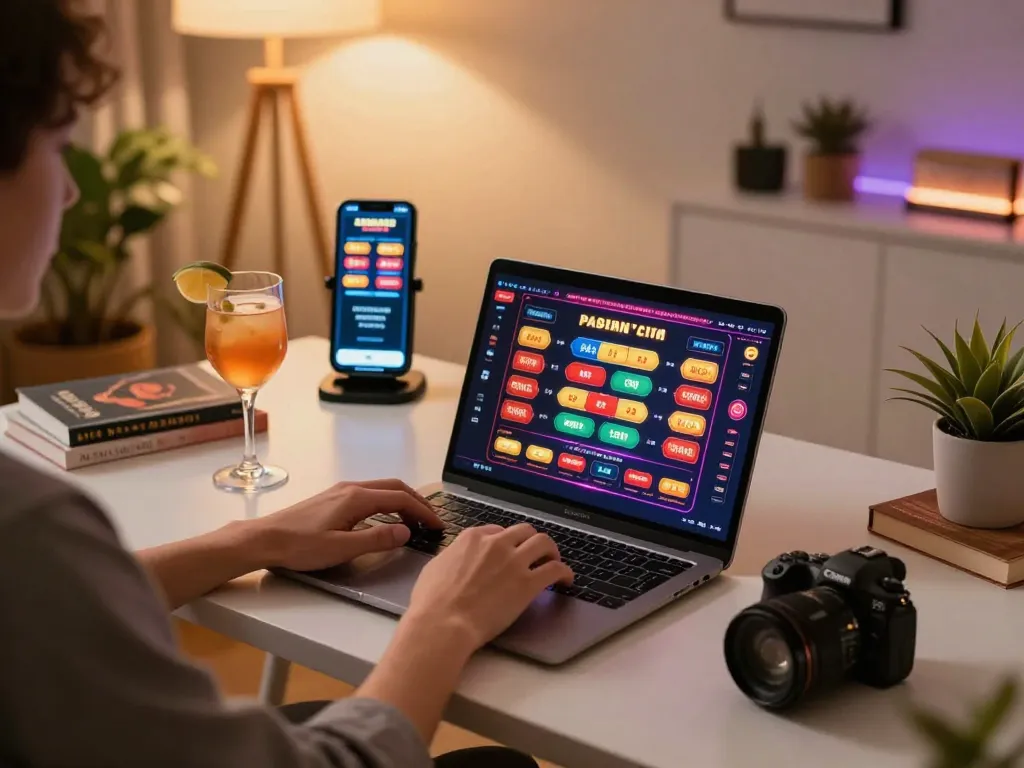 Bong88 player using laptop for online casino gaming with vibrant background and warm ambiance.