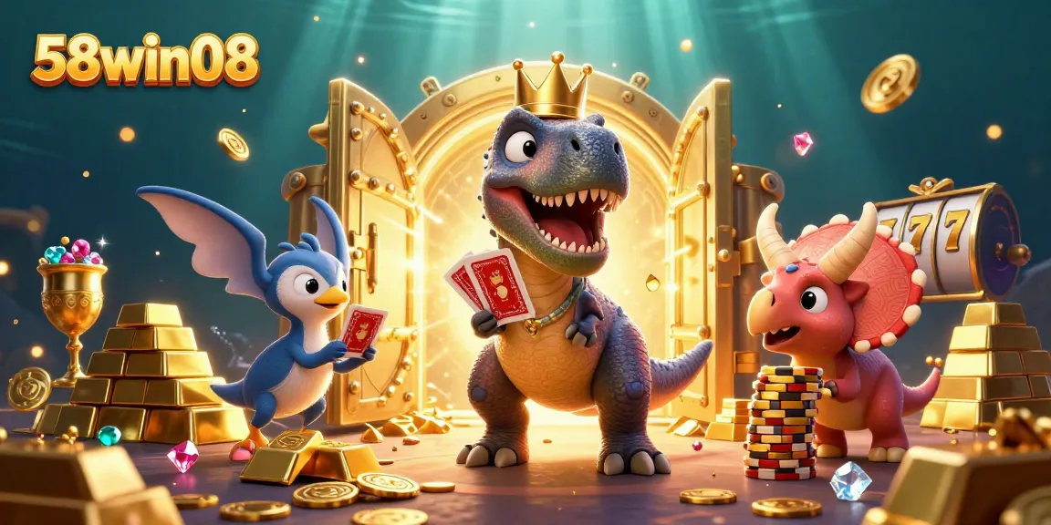 Engage in thrilling gameplay with 58win08 featuring a T-Rex card dealer and vibrant casino elements.
