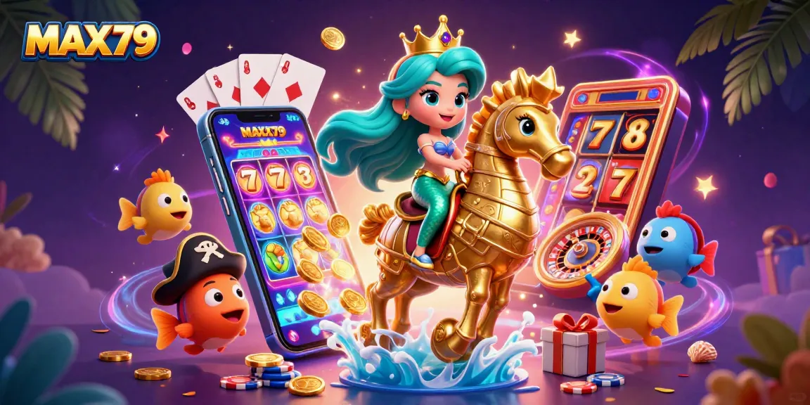 Experience thrilling gameplay at MAX79 with a vibrant cartoon scene filled with slot game excitement and colorful characters.