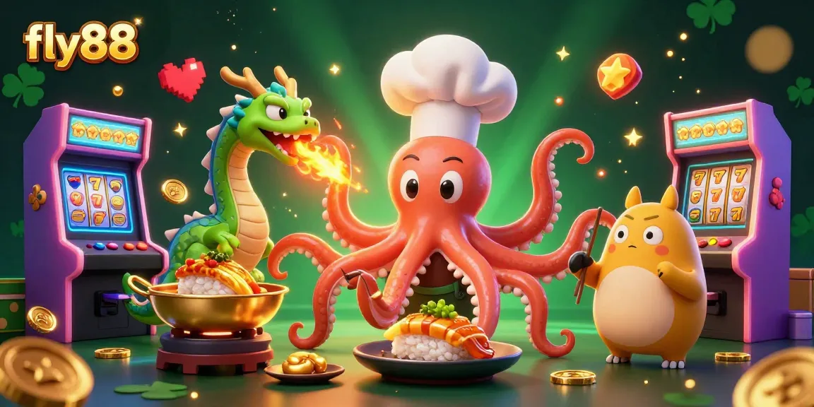 Experience the excitement of fly88's casino scene with a sushi chef octopus and a fire-breathing dragon.