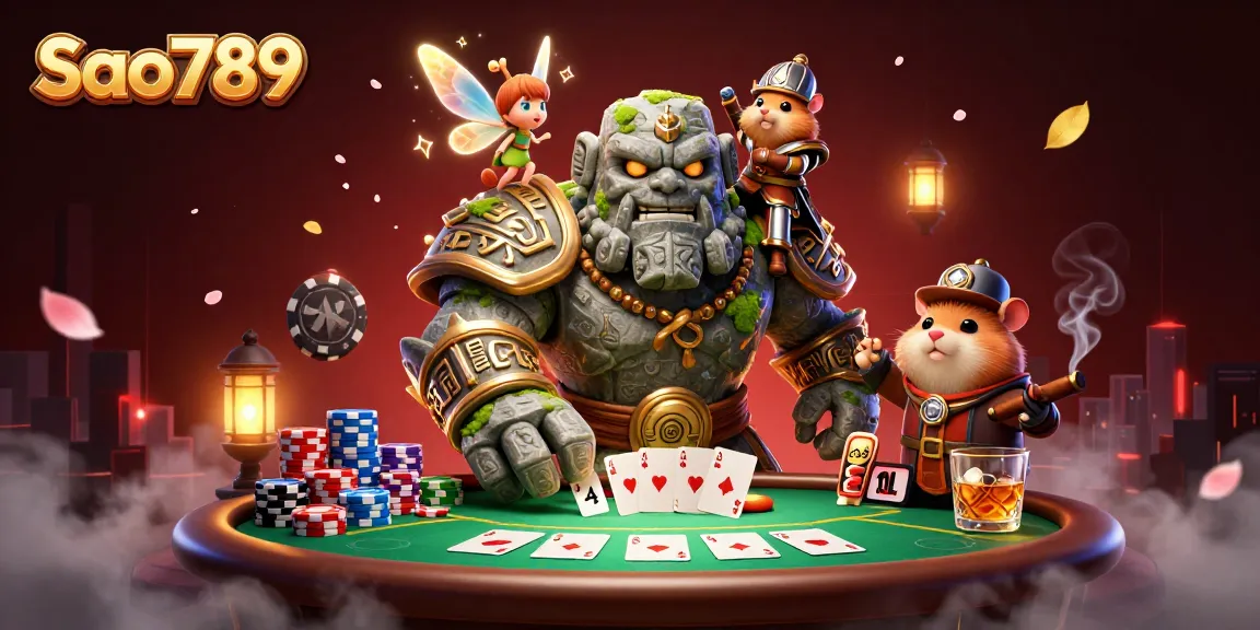 Sao789 players enjoy dynamic poker action surrounded by magical characters and vibrant details.