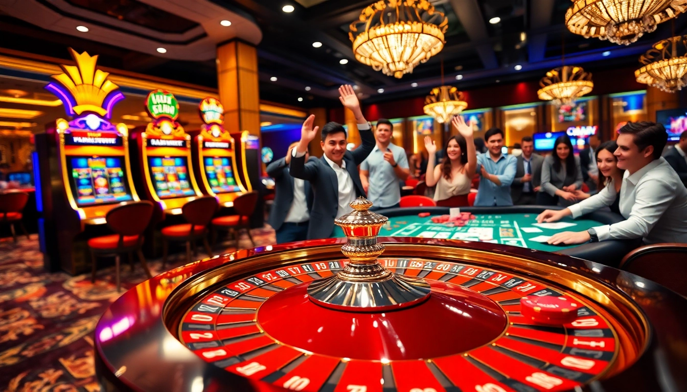 An engaging scene of gamblers enjoying a thrilling game at https://rr99x.com/, featuring a roulette table, chips, and excited players.