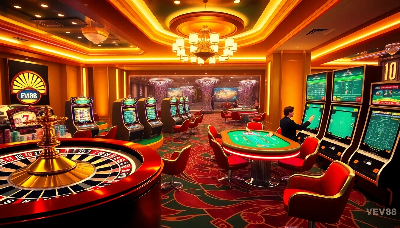 Players enjoy thrilling games on ev88h.us.com, surrounded by poker chips and a glowing roulette wheel.