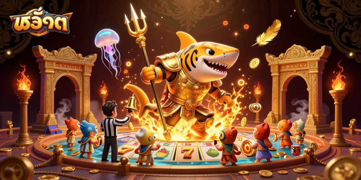 Experience the excitement of สล็อต with a 3D slot machine illustration featuring a fierce shark and vibrant underwater elements.