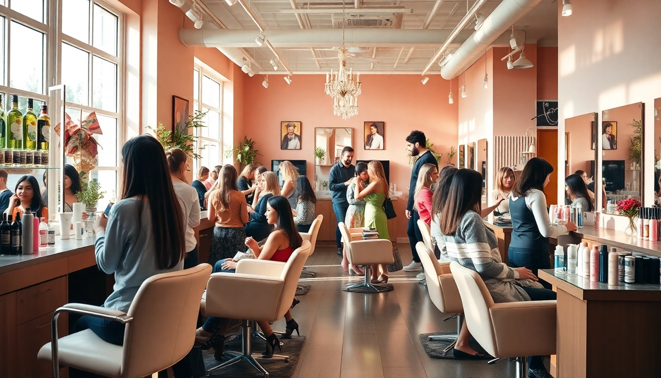 Best hair salons near me showcasing vibrant interior with stylists and clients in a friendly environment.