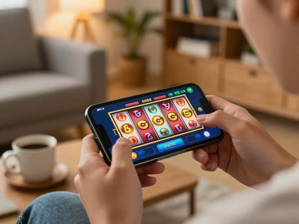 Player enjoying Go88 on smartphone while relaxing at home, vibrant slot game active on screen.
