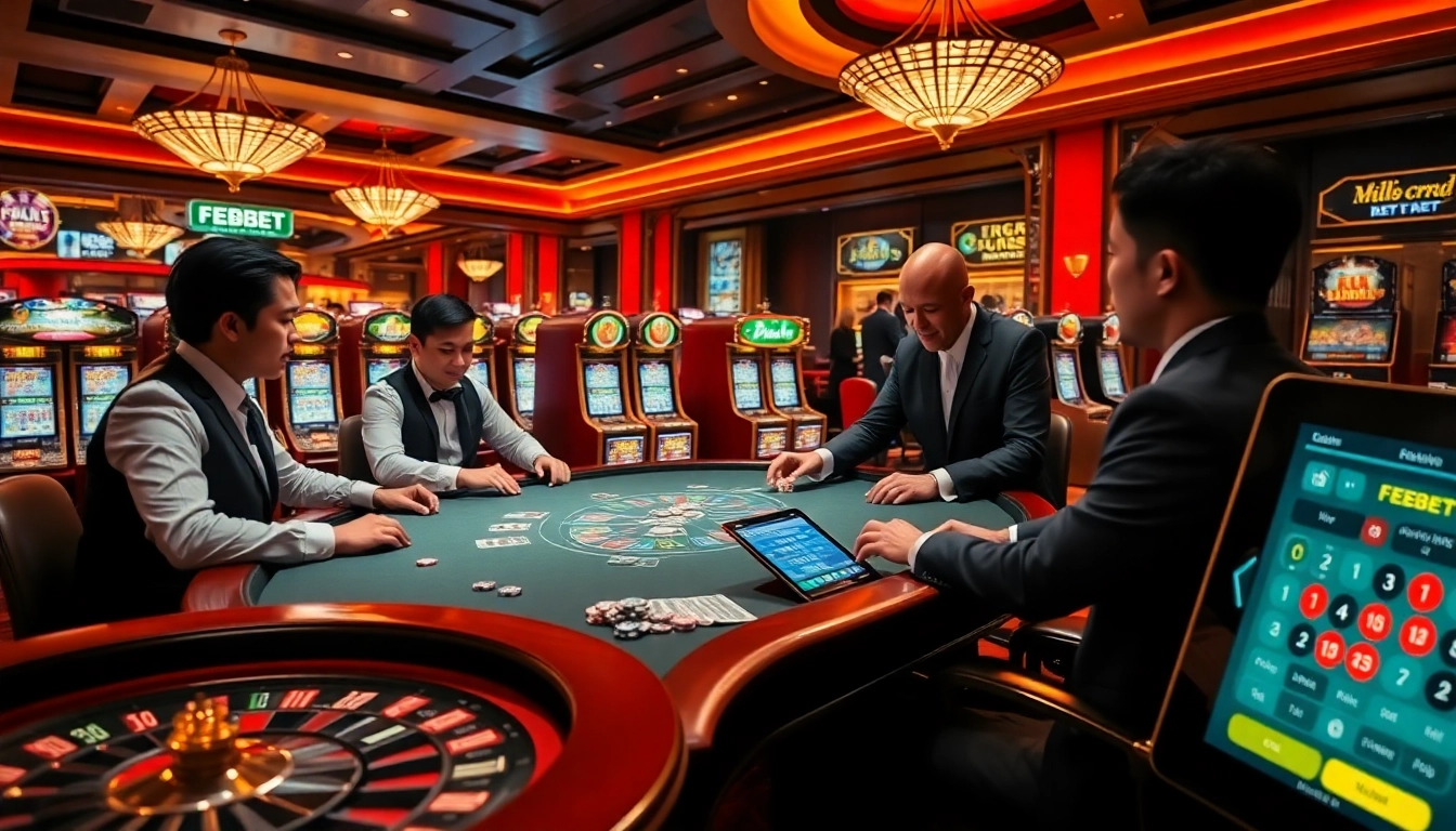 Players enjoying a thrilling encounter at a FEBET casino table with vibrant slot machines in the background.