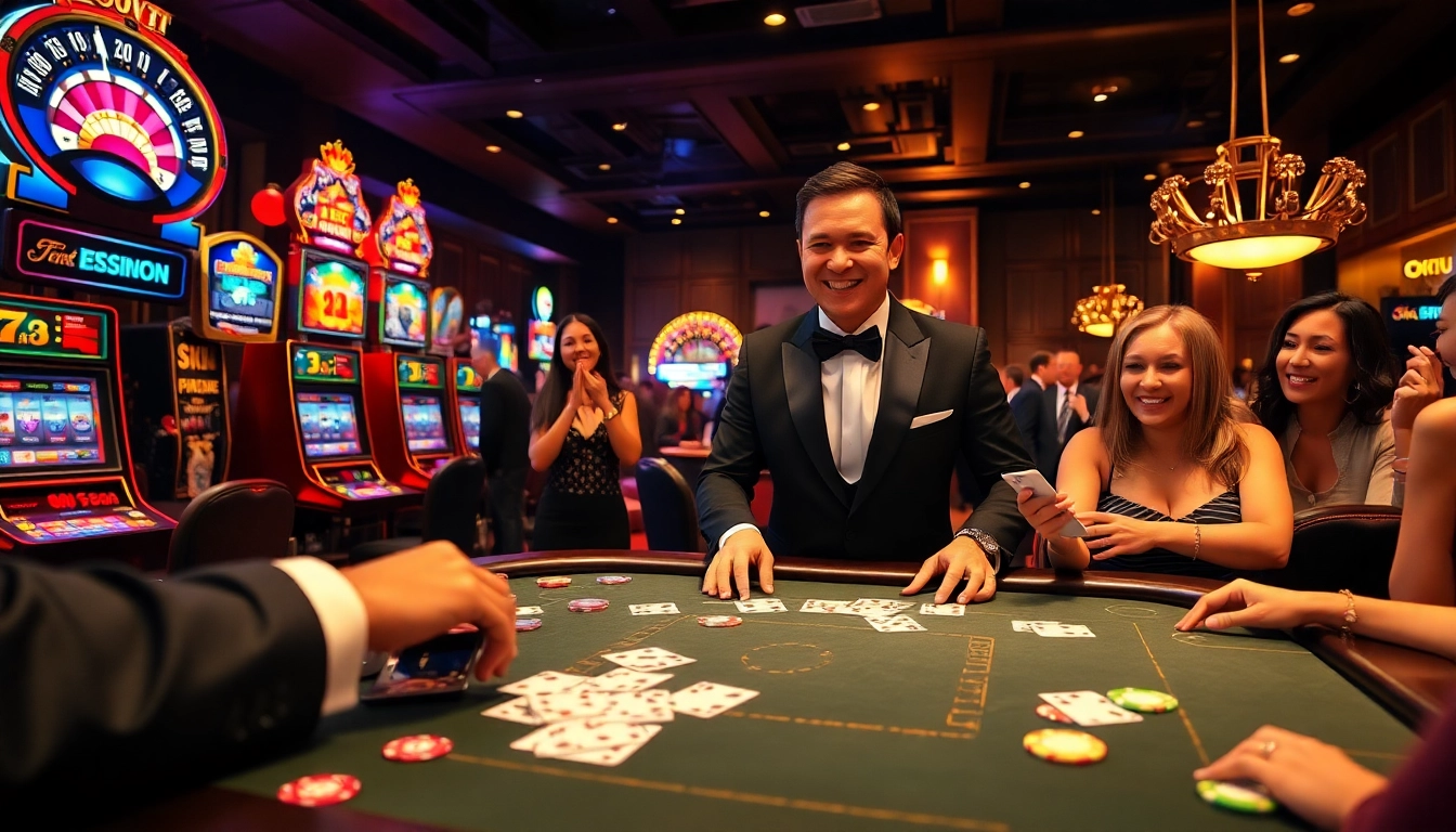 Players enjoying a thrilling poker night at okfun casino, showcasing excitement with cards and chips.