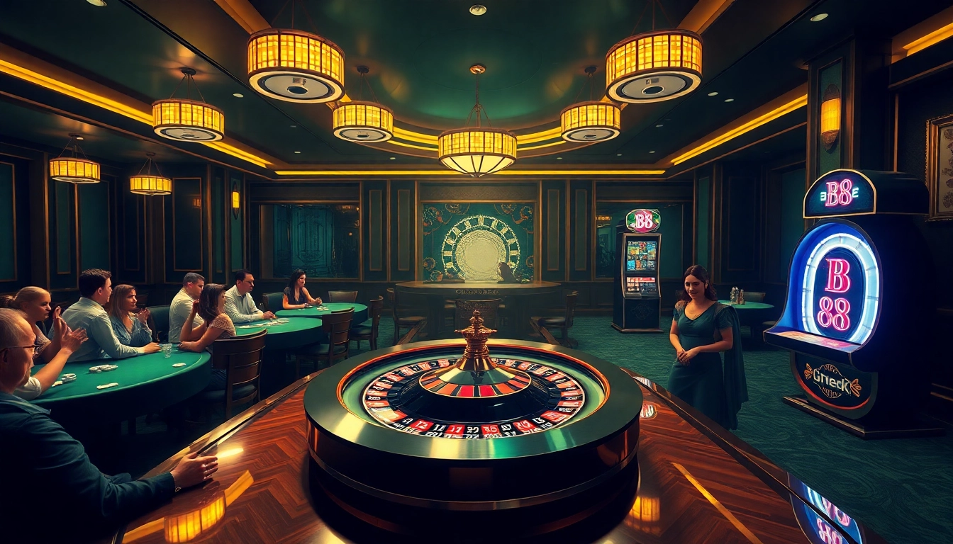 Players enjoying the excitement of B8-themed roulette and poker in a vibrant casino floor setting