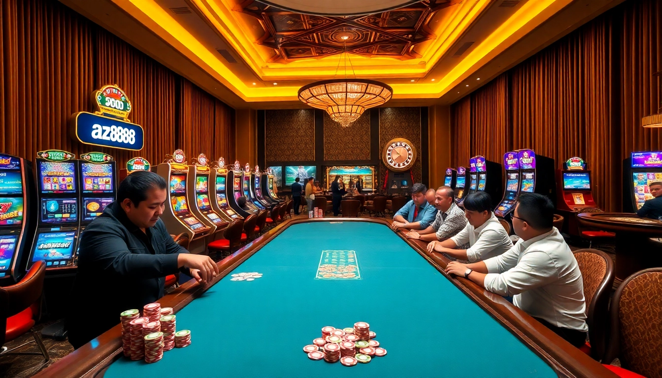 Experience high-stakes excitement at az888's professional casino tables with vibrant poker chips.