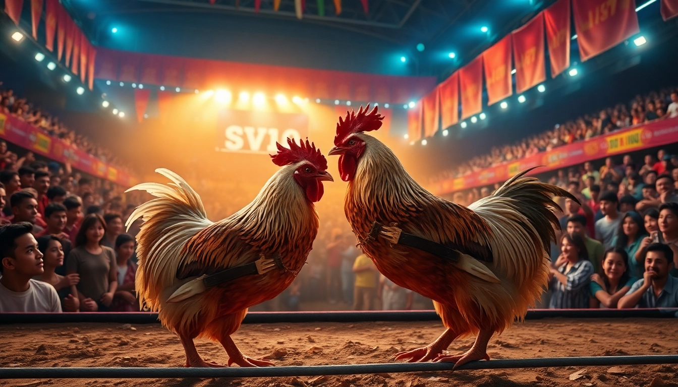 Live cockfighting action at sv368win.live with an excited crowd and vibrant arena atmosphere.