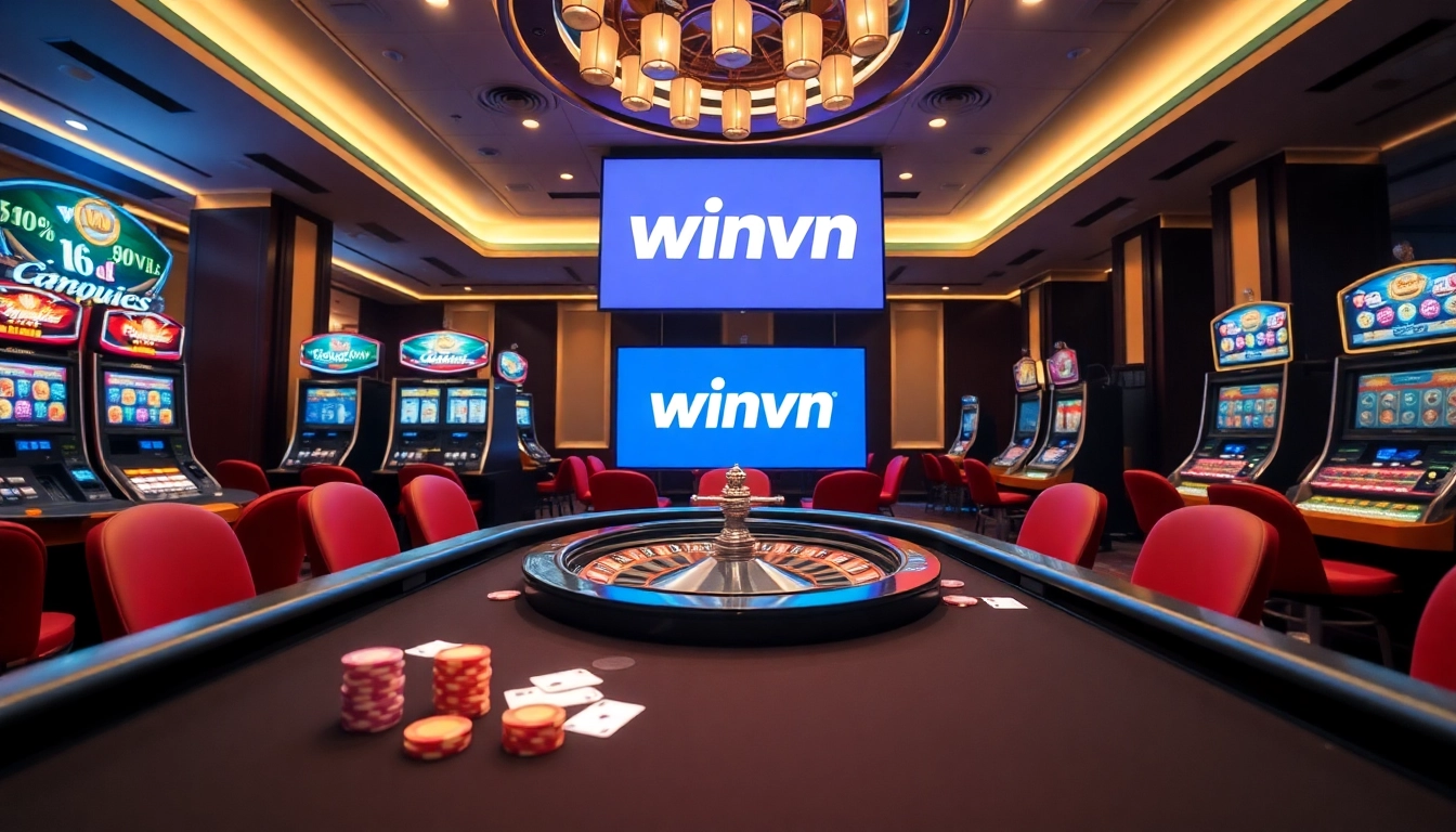 Experience the excitement of winvn at a vibrant casino featuring poker chips and a roulette wheel.