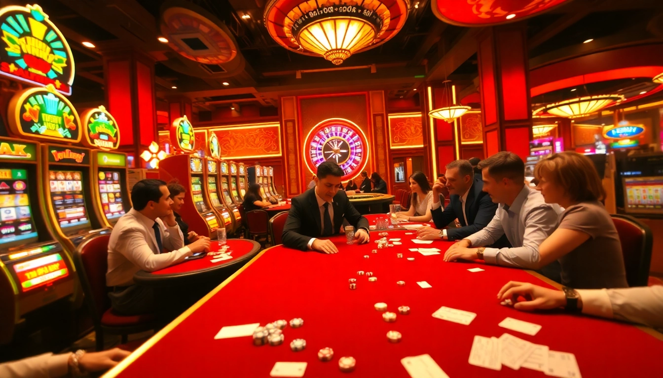Exciting casino scene with players at poker tables and flashing 88xx slot machines.