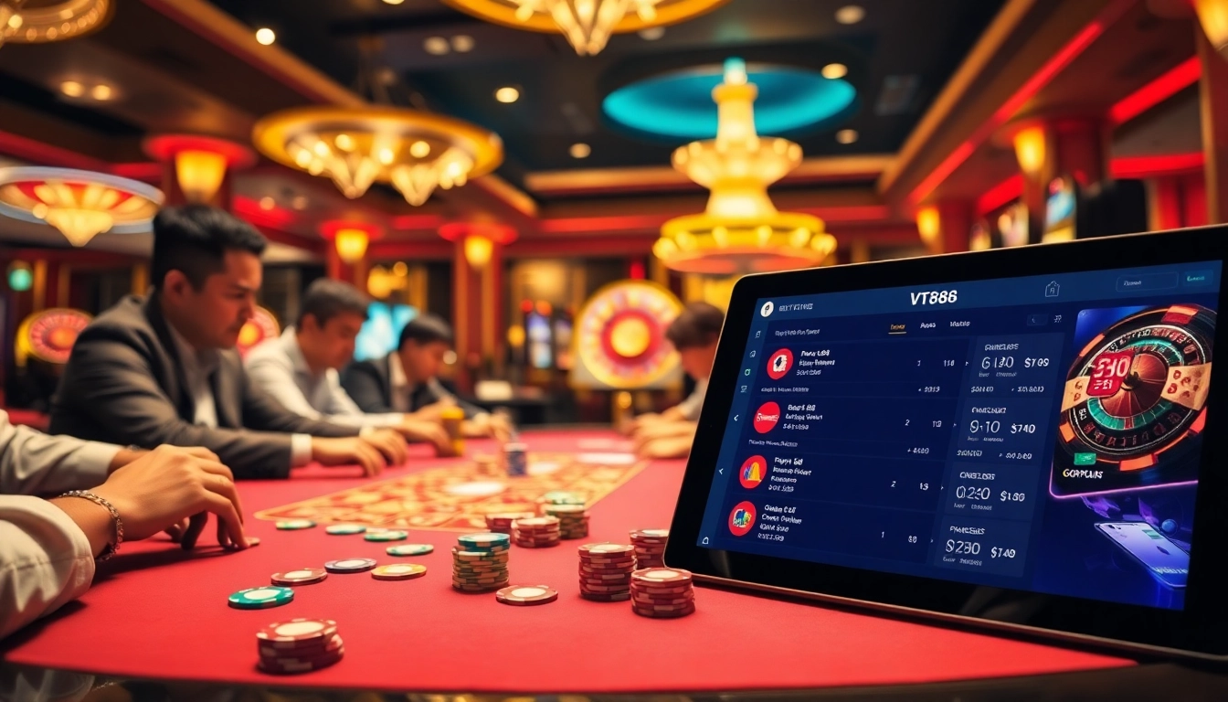Exciting poker game at a luxurious casino table adorned with VT88 chips and cards.