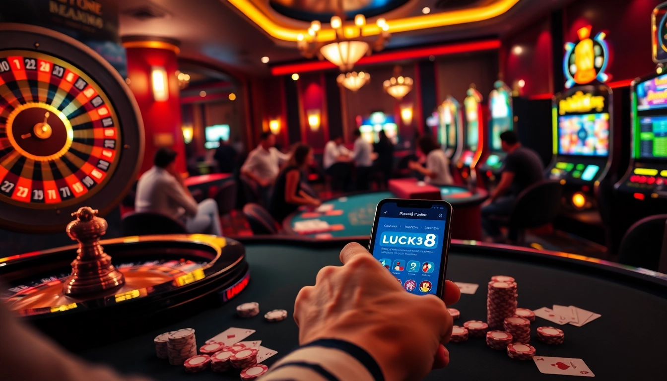 Experience the excitement of gambling with the tải LUCK8 app featured alongside poker chips and cards.