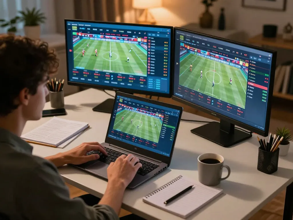 SBOBET user engaging in online sports betting with multiple screens showing live odds