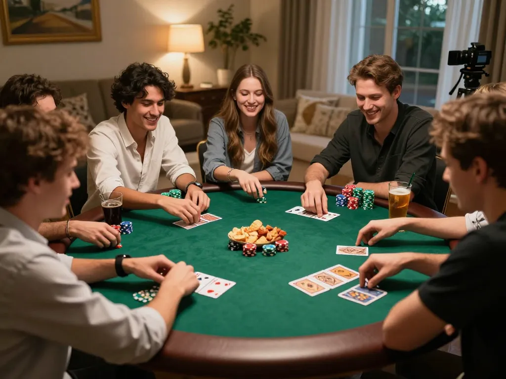 KIM66 poker night scene featuring friends engaged in strategic gameplay with snacks and drinks.