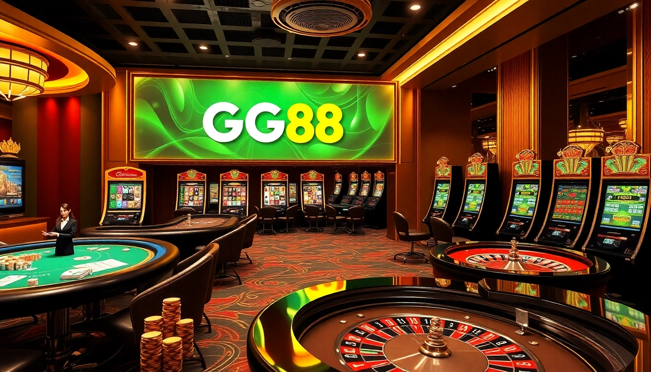 Exciting online gambling experience at gg88 com with vibrant slot machines and poker tables.